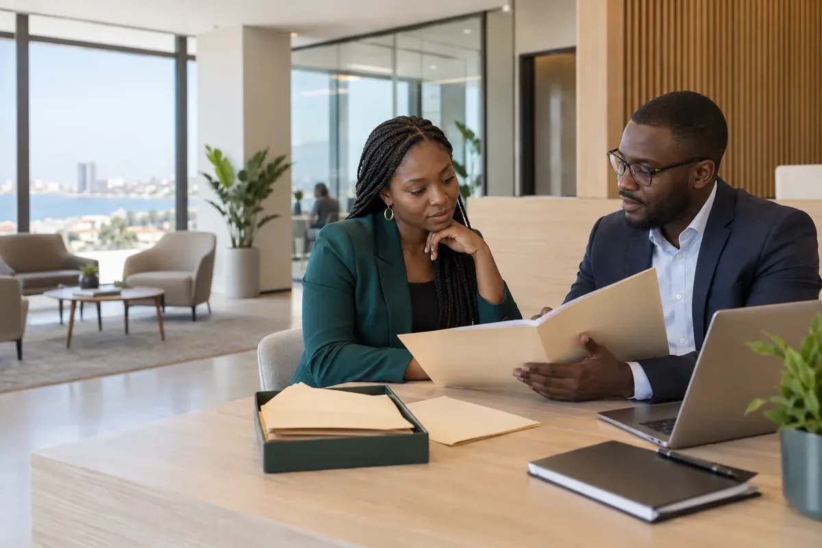 Entrepreneuse et conseiller examinant un dossier dans un espace professionnel à Dakar